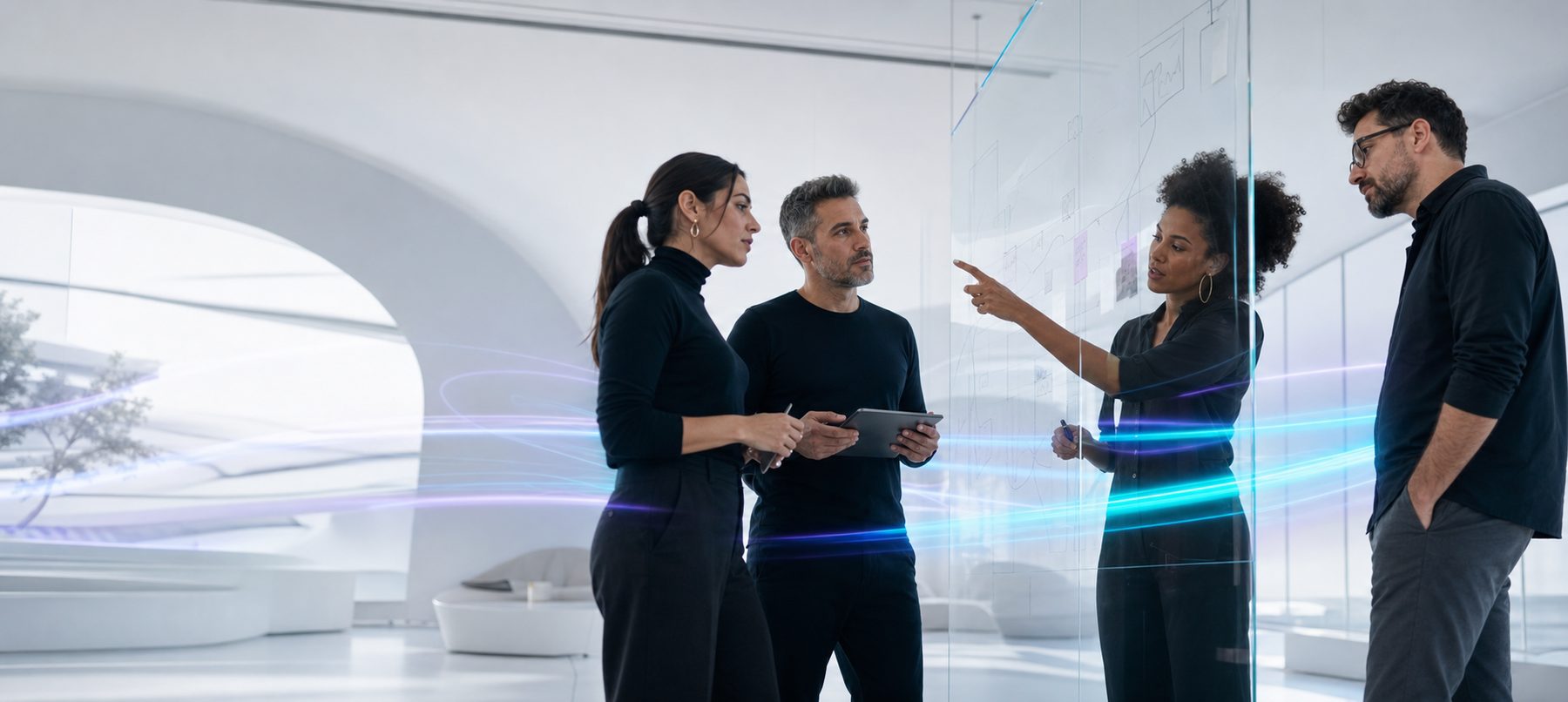 Quatro advisors analisam juntos um mapa de decisões em uma parede transparente.